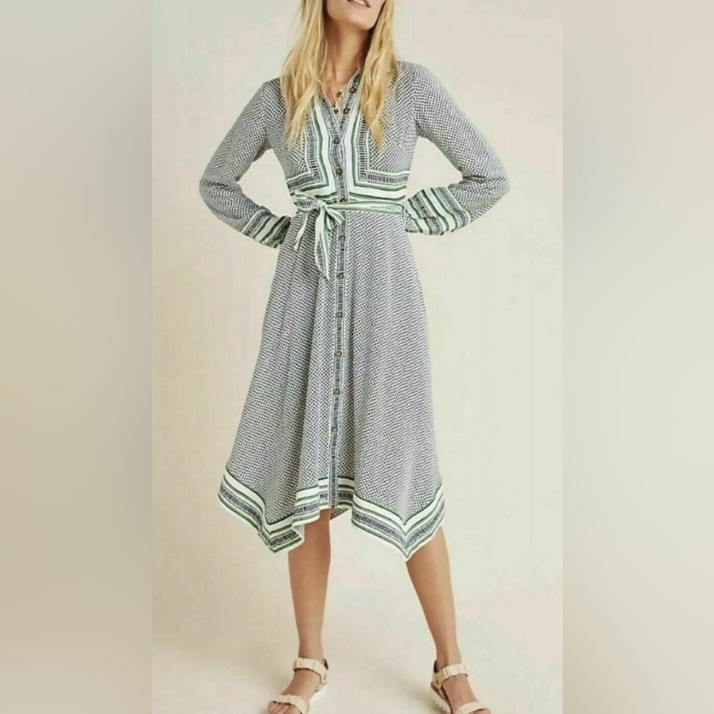 Maeve Anthropologie Green and White Striped Knit High-Low Button Dress